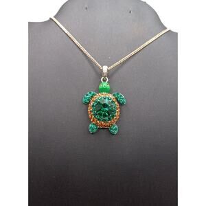 Green Turtle Pendant Necklace Ceramic & Rhinestone on Stainless Steel Chain